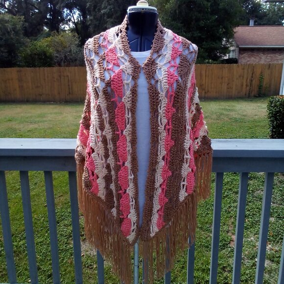 Accessories - Handed Crafted Crochet Shawl, Color Tan, Cream and Coral, One size fit most.